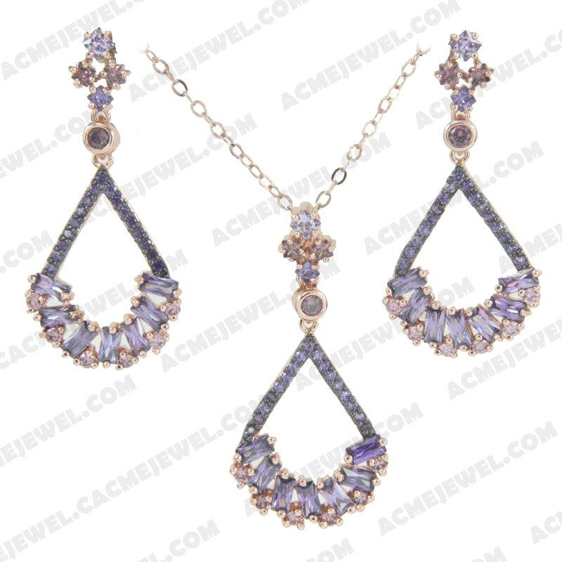 Jewellery Set 925 Sterling Silver 2-tone Rose gold and black rhodium